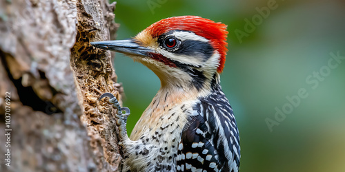 Woodpecker in action. One example is this little animal that carves wood with just its beak photo