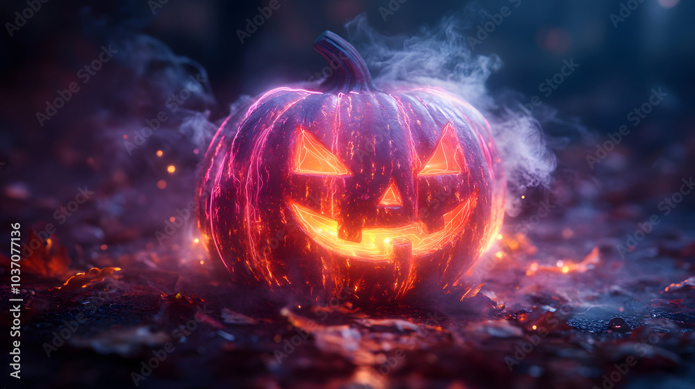 A Halloween Pumpkin Illuminated with Colorful Neon Lights Against a Dark Background, Creating a Vibrant and Eye-Catching Display that Blends Traditional Festivity with Modern Flair, Perfect for Celebr