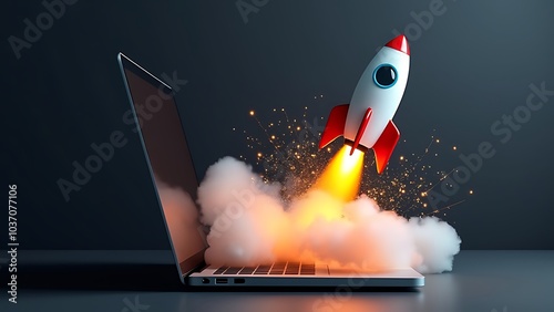 Fototapeta Naklejka Na Ścianę i Meble -  Launching Space Rocket From Laptop Screen. Generative AI