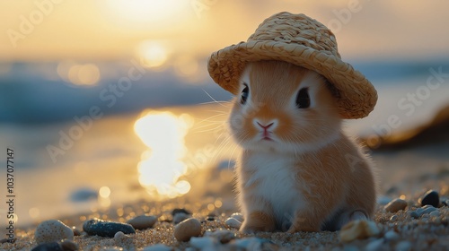 Cute bunny wearing a straw hat on a beach background photo