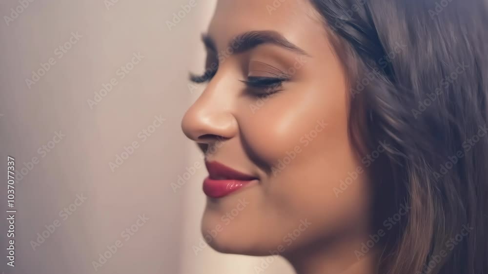Profile of a woman smiling with bright lips and smooth skin Profile of a woman smiling with bright lips and smooth skin