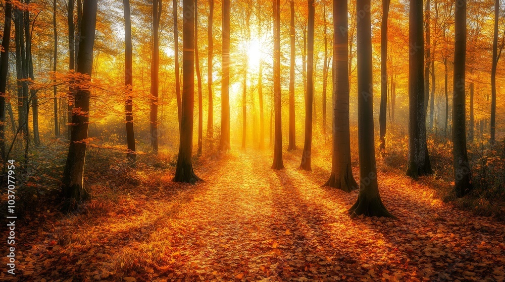 Enchanting Autumn Woodland: A Serene Walk Through Sunlit Trees with Golden Leaves and Gentle Shadows in a Captivating Forest Landscape Enchanting Autumn Woodland: A Serene Walk Through Sunlit Trees with Golden Leaves and Gentle Shadows in a Captivating Forest Landscape