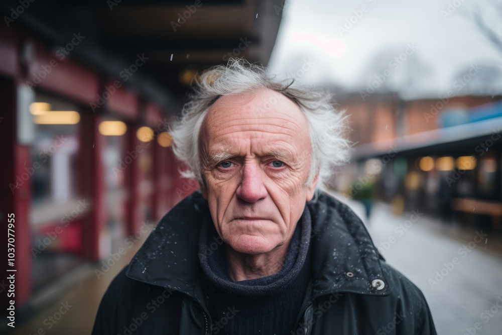 Portrait of an elderly man with gray hair and grey eyes on the street in winter Portrait of an elderly man with gray hair and grey eyes on the street in winter