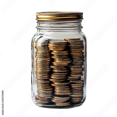 Mason jar filled with stacked golden coins on isolated background.