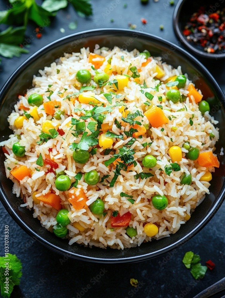 Delicious rice with green peas and corn and herbs. homemade food for party and dinner. healthy vegetarian dish - rise with vegetables Delicious rice with green peas and corn and herbs. homemade food for party and dinner. healthy vegetarian dish - rise with vegetables
