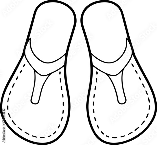 Black and white vector illustration of a pair of flip-flop sandals in an outline style, perfect for coloring or design use