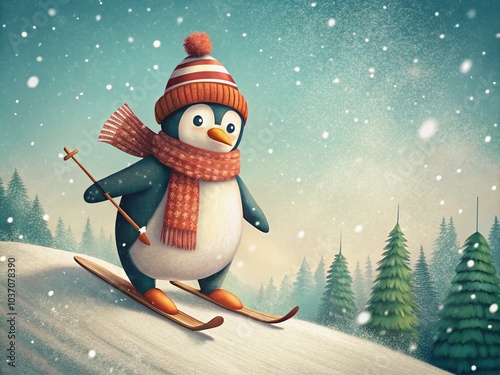 Under a retro Christmas tree, a penguin in festive attire skis down a whimsical slope.  Perfect for your holiday greeting. photo