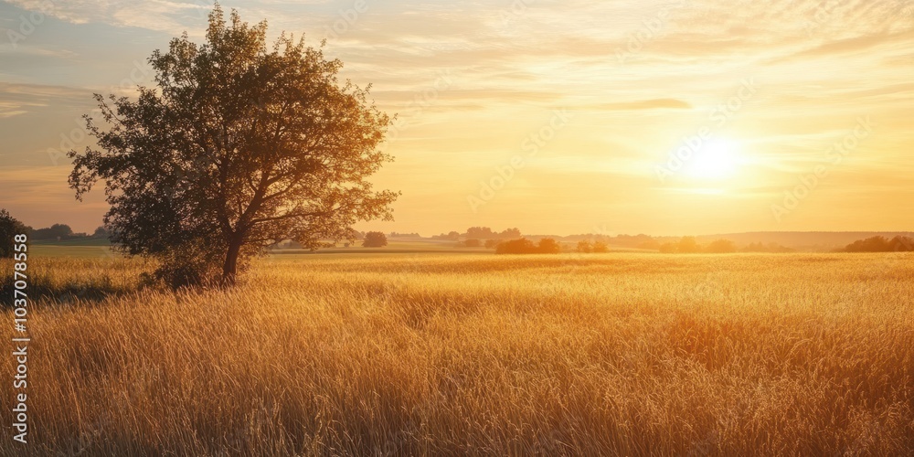 Obraz premium Golden sunset over a serene field with a lone tree on the horizon.