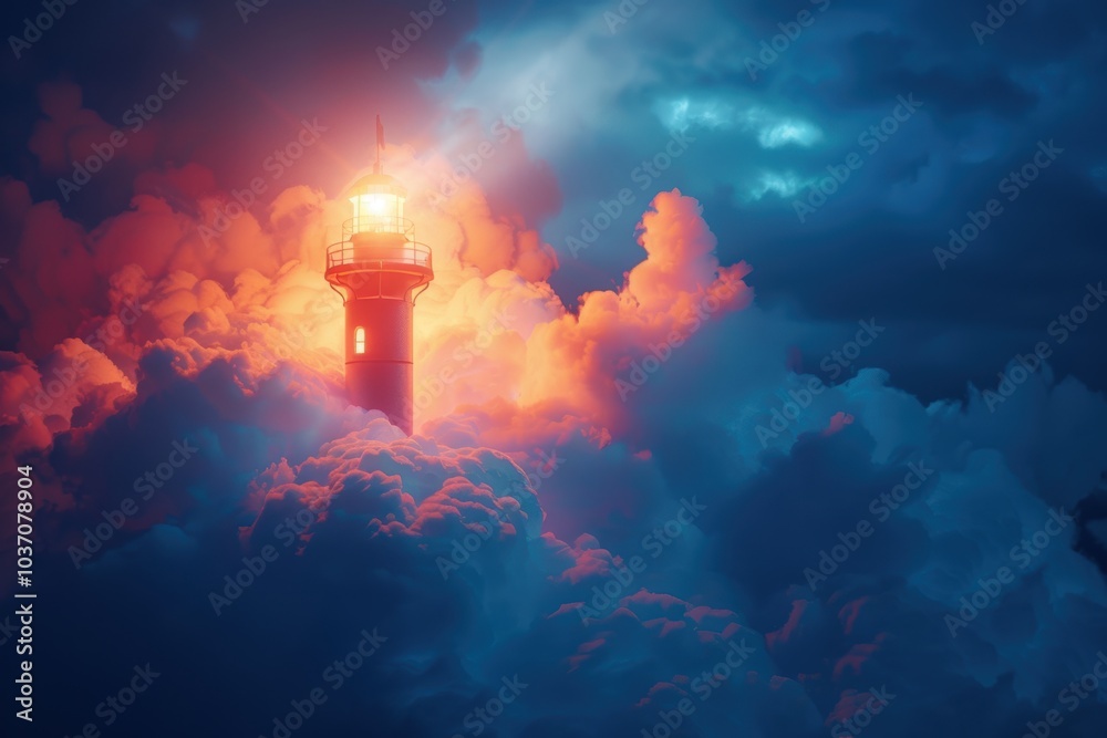 Obraz premium Beacon of Success: Glowing Lighthouse Amidst Dramatic Cloudscape for Inspirational Design