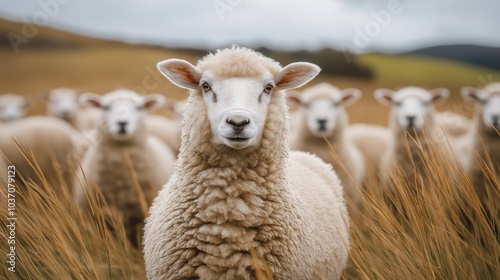 Flock of sheep in the meadows photo