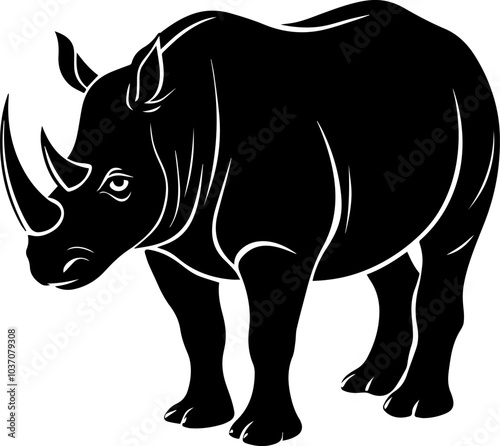 Silhouette vector illustration of a rhinoceros in a stylized black and white design, ideal for logos, wildlife art, and graphic design