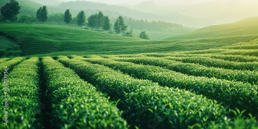Naklejka premium Lush green tea fields under soft morning light, peaceful landscape view.