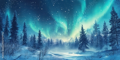 Majestic northern lights illuminate a serene winter landscape with snow and trees. photo