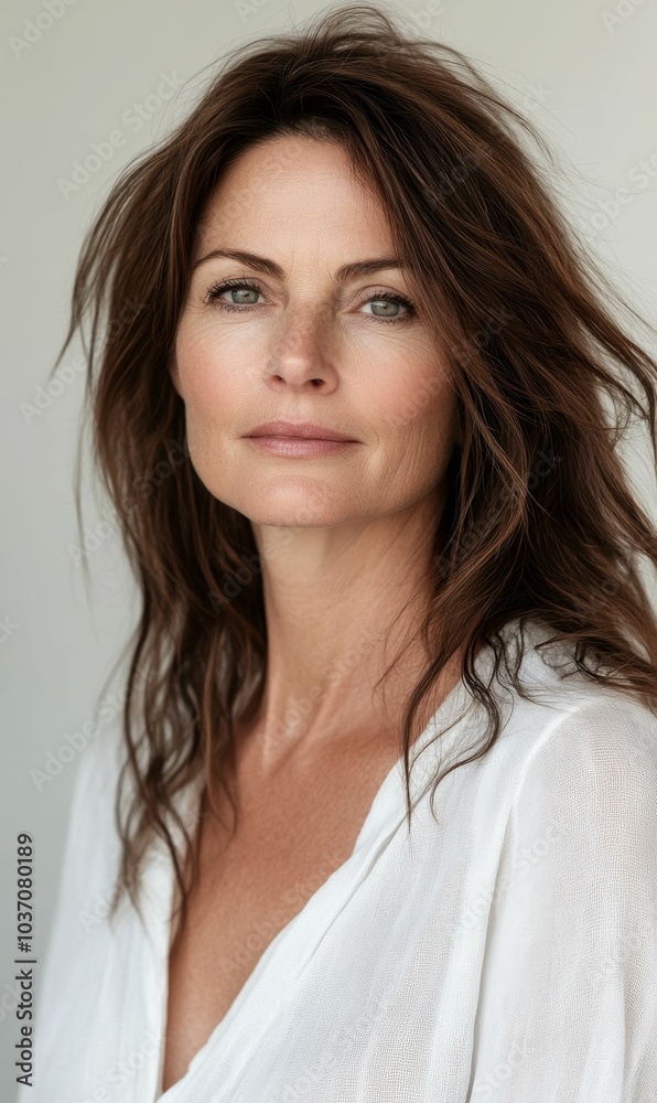 Woman with brown hair wearing a white shirt. Woman with brown hair wearing a white shirt.