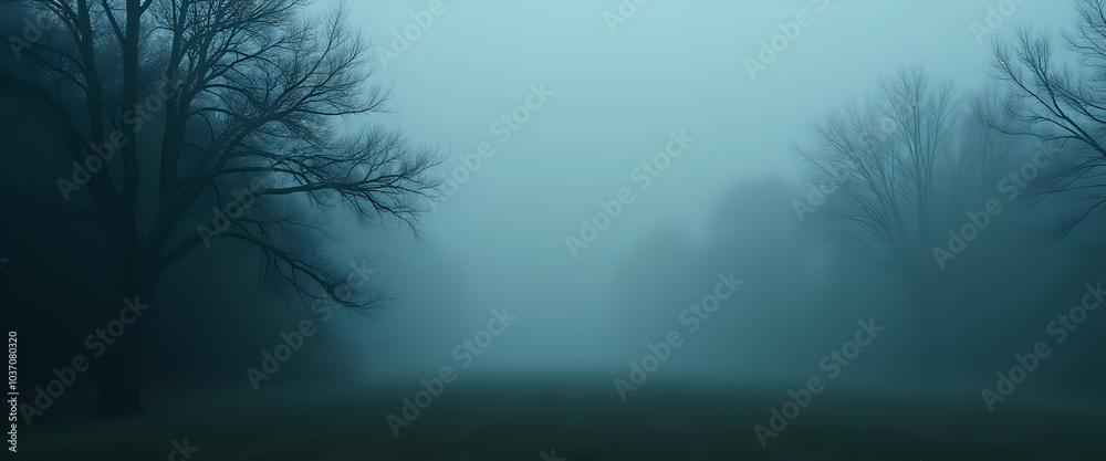 Fototapeta premium Foggy landscape with bare trees in the distance