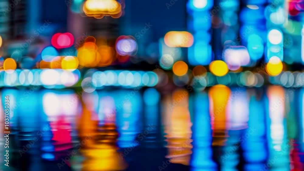 Blurred city at night, bokeh background. Reflection of colorful lights in water and a lot of copyspace