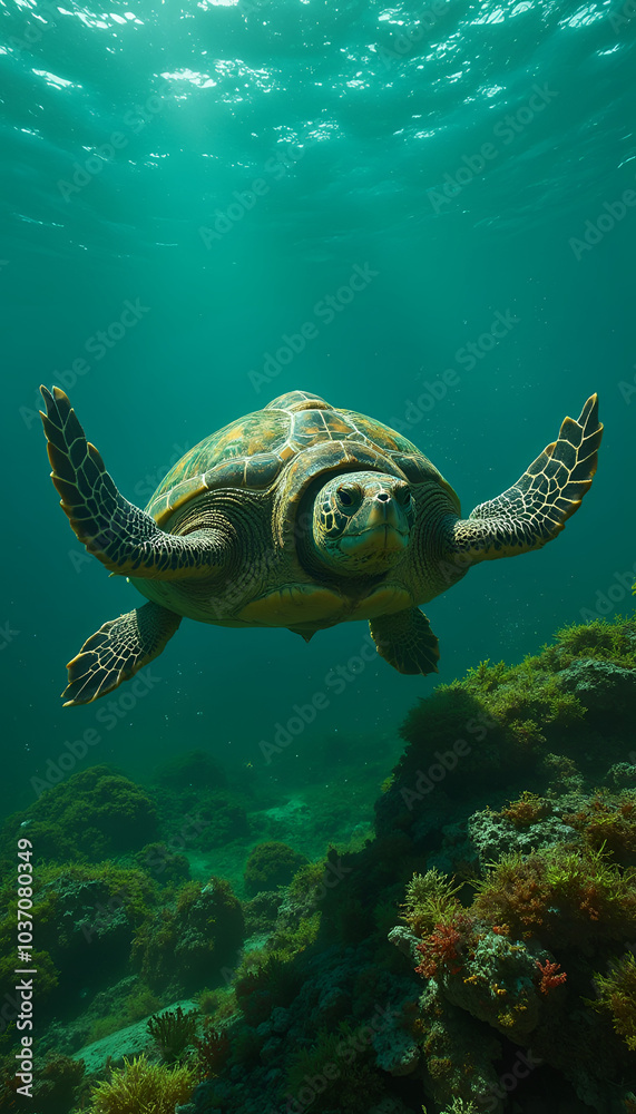 Obraz premium Graceful Sea Turtle Swimming Serenely in Turquoise Underwater Scene