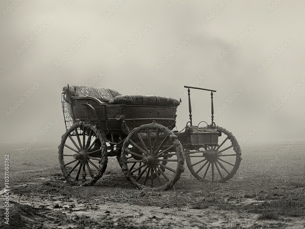 Fototapeta premium Vintage Horse-Drawn Carriage in a Foggy Field