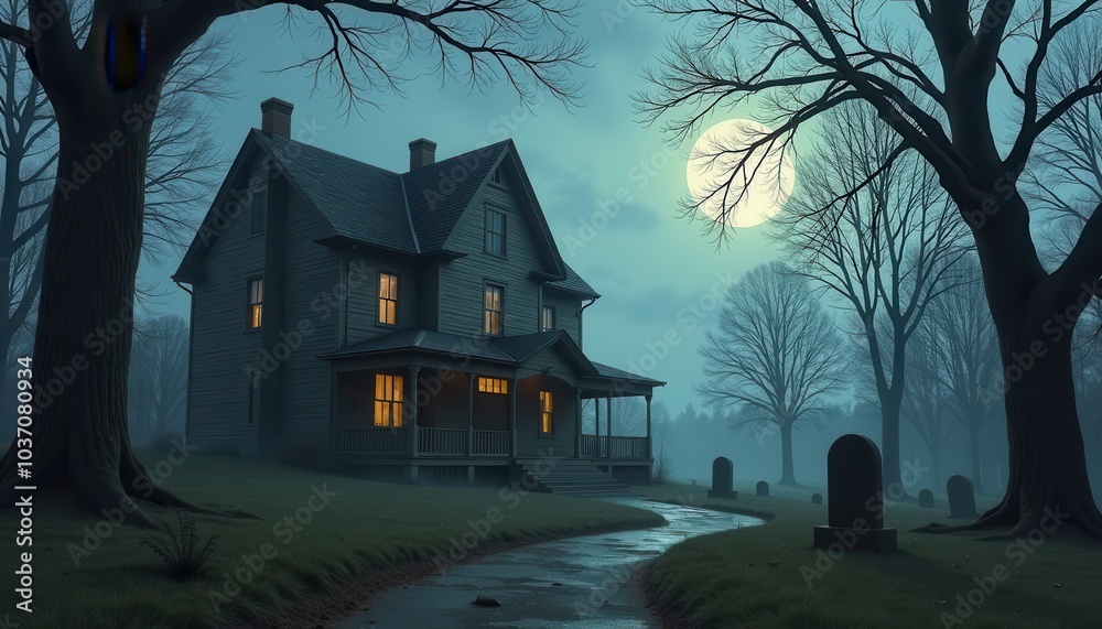 Haunted House by a Graveyard with Tall Creepy Trees and an Air of Dark Mystery Surrounding the Grounds. Haunted House by a Graveyard with Tall Creepy Trees and an Air of Dark Mystery Surrounding the Grounds.