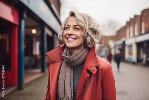 Portrait of a smiling middle-aged woman in a red coat and scarf on a city street.