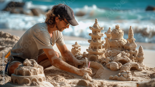 A sand sculptor building a detailed sandcastle or sculpture on sunny beach, using carving tools photo