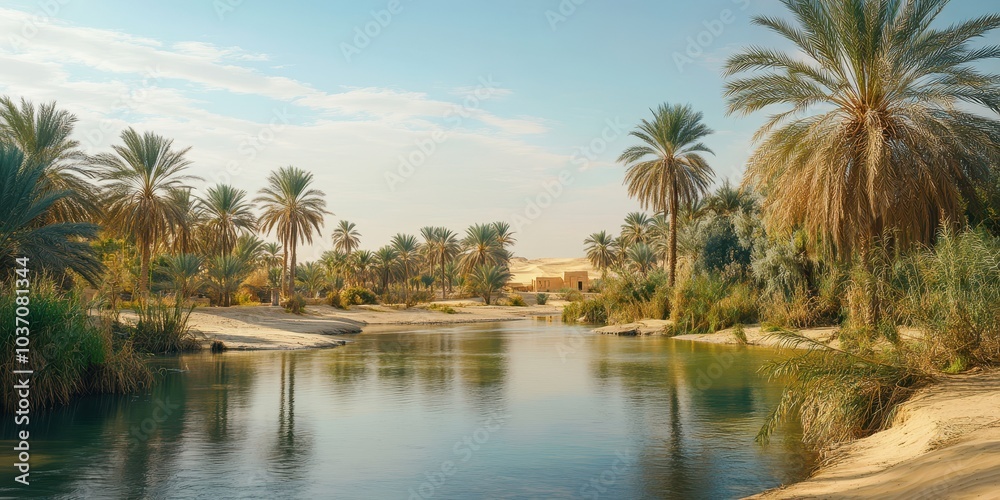 Serene oasis landscape with palm trees and calm water under a clear blue sky. Serene oasis landscape with palm trees and calm water under a clear blue sky.