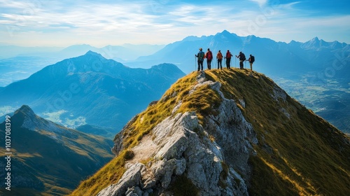 Conquering New Heights: A Group of Adventurers Standing Triumphantly on a Mountain Ridge Overlooking Breathtaking Alpine Landscape