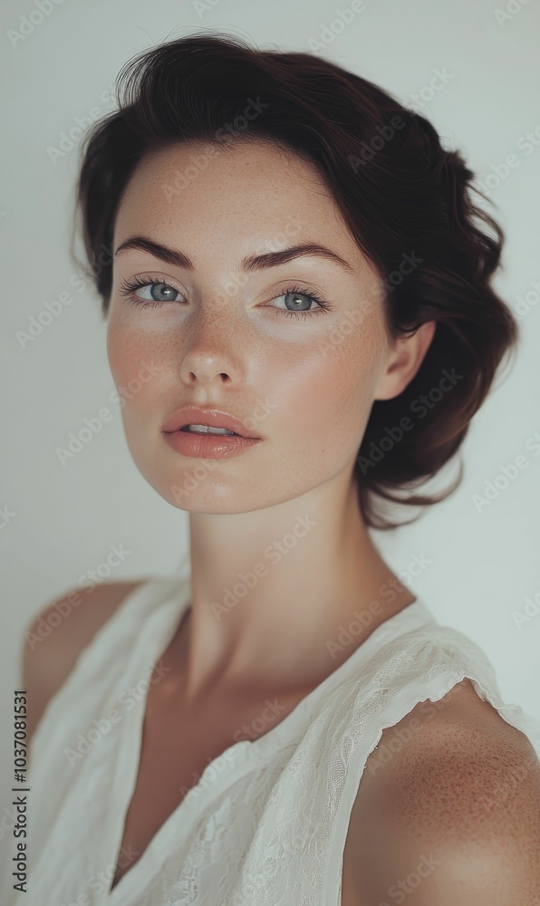 A woman with freckles looks at the camera.