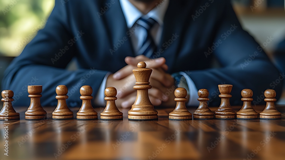 custom made wallpaper toronto digitalA businessman sits in front of a chessboard with the queen piece in the foreground, representing leadership and strategy.