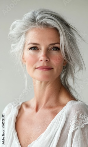 A woman with gray hair wearing a white blouse.