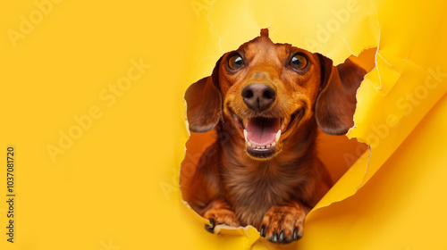 Dachshund dog torn yellow paper