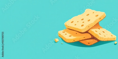 Stack of crunchy crackers on a vibrant turquoise background.