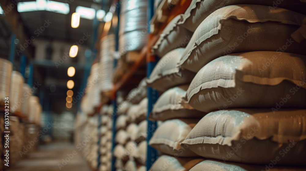 Close-up of a warehouse with rice or sugar bags. storage room and racks with bags Close-up of a warehouse with rice or sugar bags. storage room and racks with bags