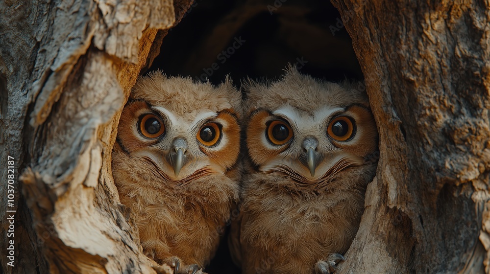 Owls in the bark of a tree, closeup Owls in the bark of a tree, closeup
