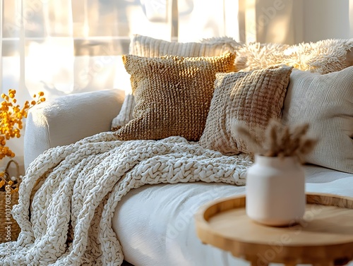 A cozy living room scene features a plush white sofa adorned with textured pillows and a soft blanket, illuminated by warm, natural light.