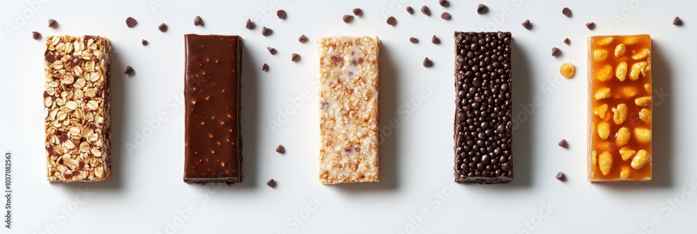 Variety of chocolate bars arranged on a white surface with chocolate sprinkles. Variety of chocolate bars arranged on a white surface with chocolate sprinkles.