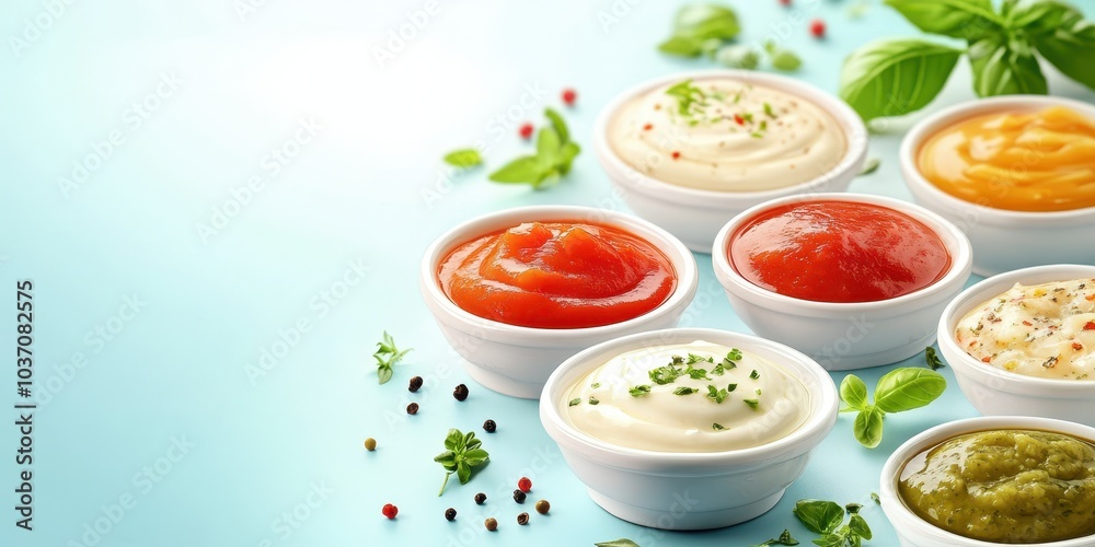 Variety of delicious sauces in white bowls on blue background. Variety of delicious sauces in white bowls on blue background.