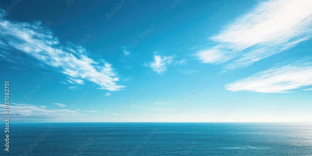 Vast blue ocean meeting clear sky with wispy clouds on a serene day. Vast blue ocean meeting clear sky with wispy clouds on a serene day.