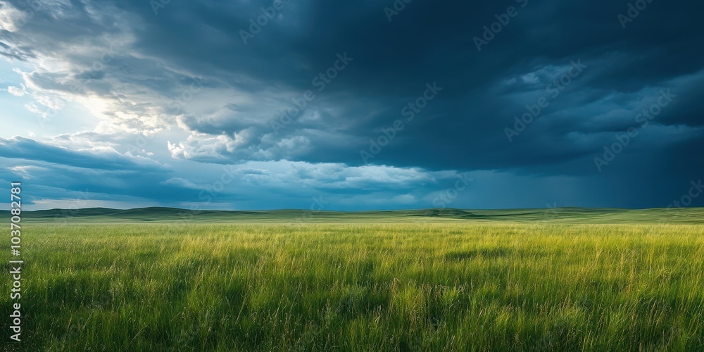 Obraz premium Vast green field under a dramatic stormy sky, nature's beauty captured beautifully.