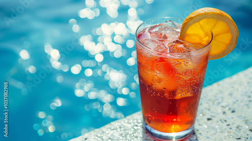 close up red Drink with ice next to the pool background