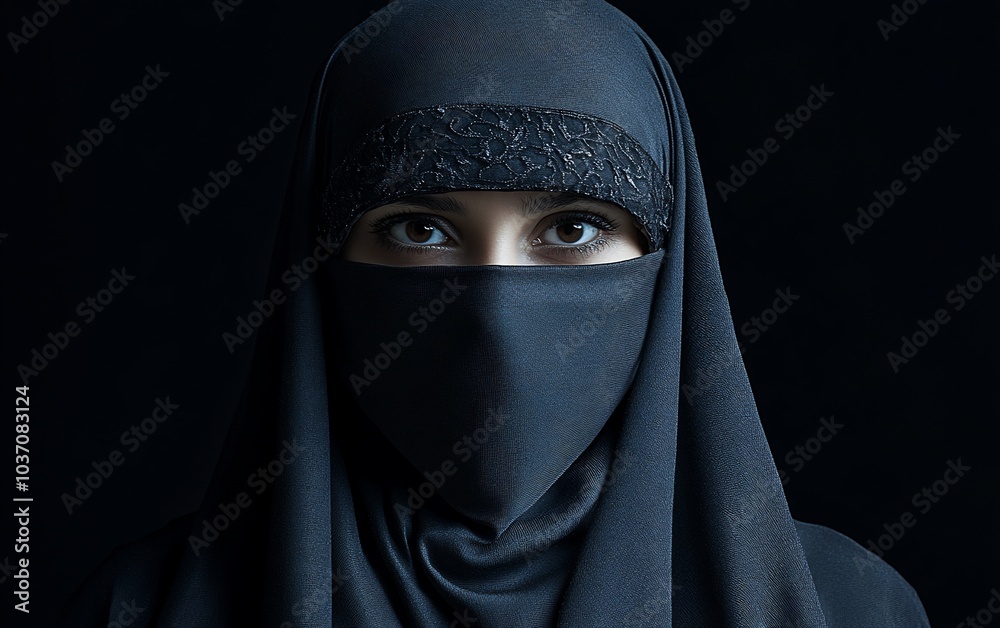 A woman wearing a niqab stares directly at the camera with intensity. A woman wearing a niqab stares directly at the camera with intensity.