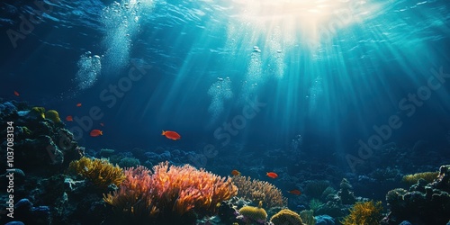 Vibrant coral reef underwater with sunlight streaming through the ocean water. photo