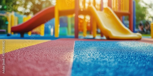Wallpaper Mural Vibrant playground with colorful rubber flooring and a yellow slide, daytime scene. Torontodigital.ca
