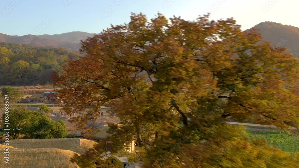 Asan, South Korea - Oct 15, 2024: Stunning autumn views with thatched houses and vibrant foliage in a peaceful mountain scene Asan, South Korea - Oct 15, 2024: Stunning autumn views with thatched houses and vibrant foliage in a peaceful mountain scene