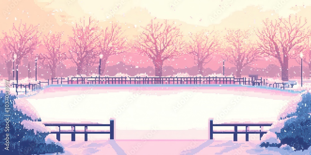 Winter landscape with a frozen pond and snow-covered trees at sunset. Winter landscape with a frozen pond and snow-covered trees at sunset.