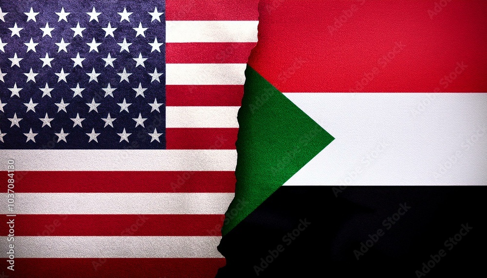 Fototapeta premium 古いビンテージのアメリカの国旗とスーダンの国旗(Old grunge vintage japan flag and Sudan flag.) 