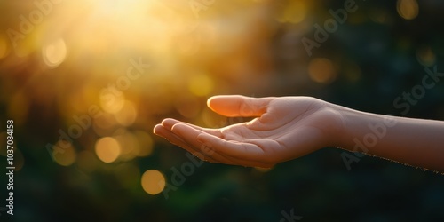 A hand reaching out towards warm sunlight in a serene and natural environment.