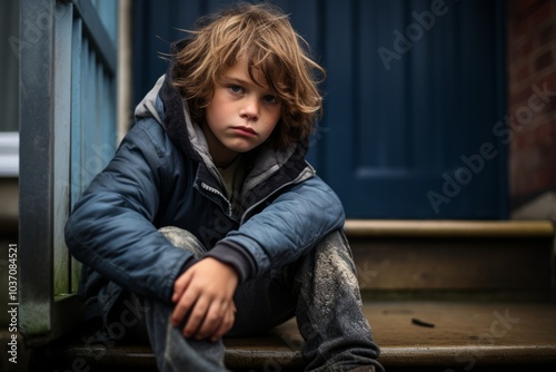 Sad little boy sitting on the steps of a house. Sad child.