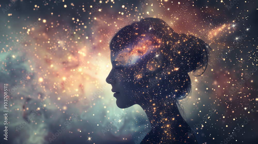  Cosmic Profile woman Silhouette portrait of a woman against the background of deep space, the universe and the starry sky