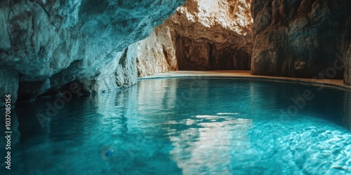 Cave with serene blue water reflecting the natural rock formations.